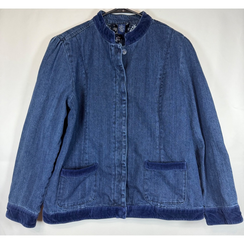 Denim & Co Womens Large Blue Jean Jacket Velvet Trim Elbow Patch Floral Lined L